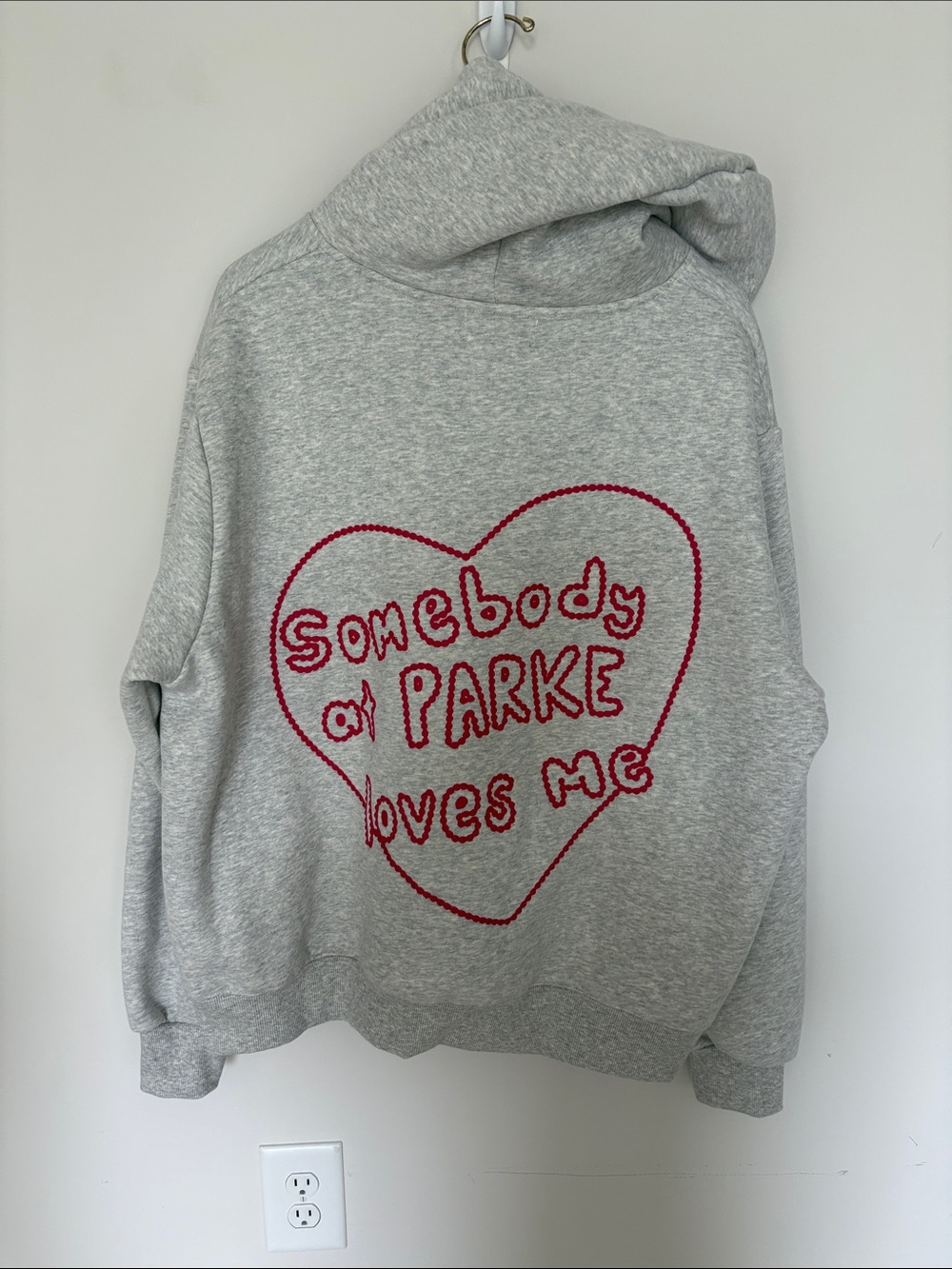 NWOT Gray Graphic Hoodie with Red Heart Stitching